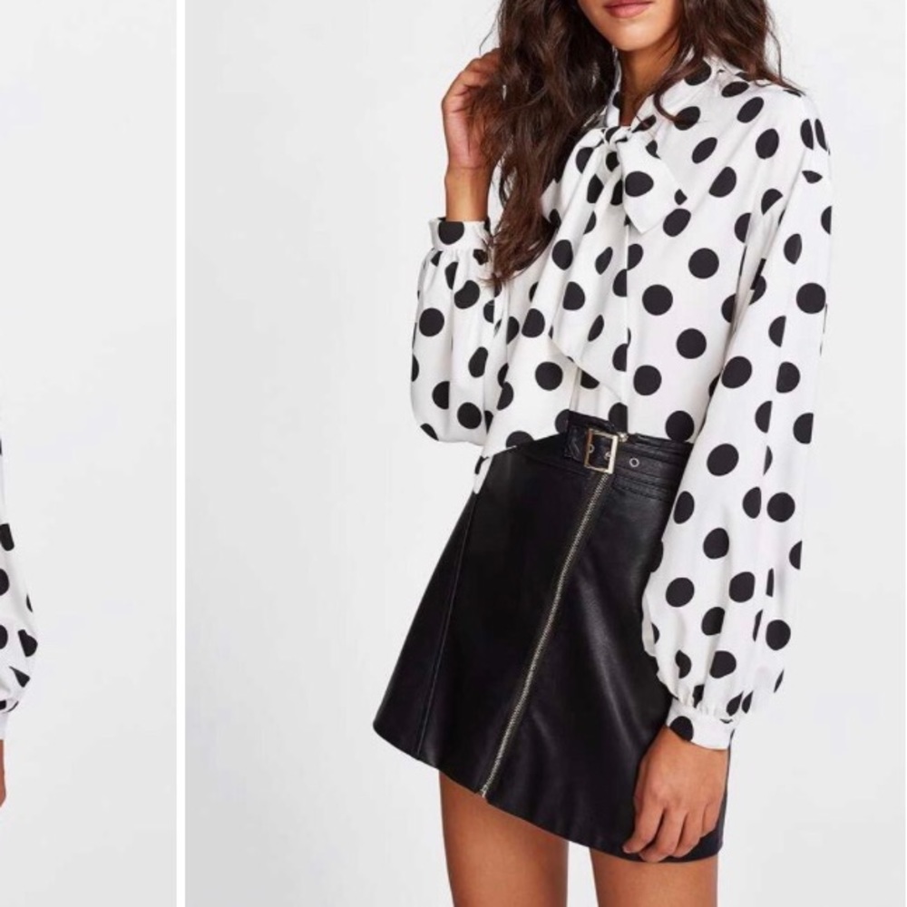 Lantern Sleeve, Self Tie Neck, Polka Dotted Blouse - Picture 5 of 6